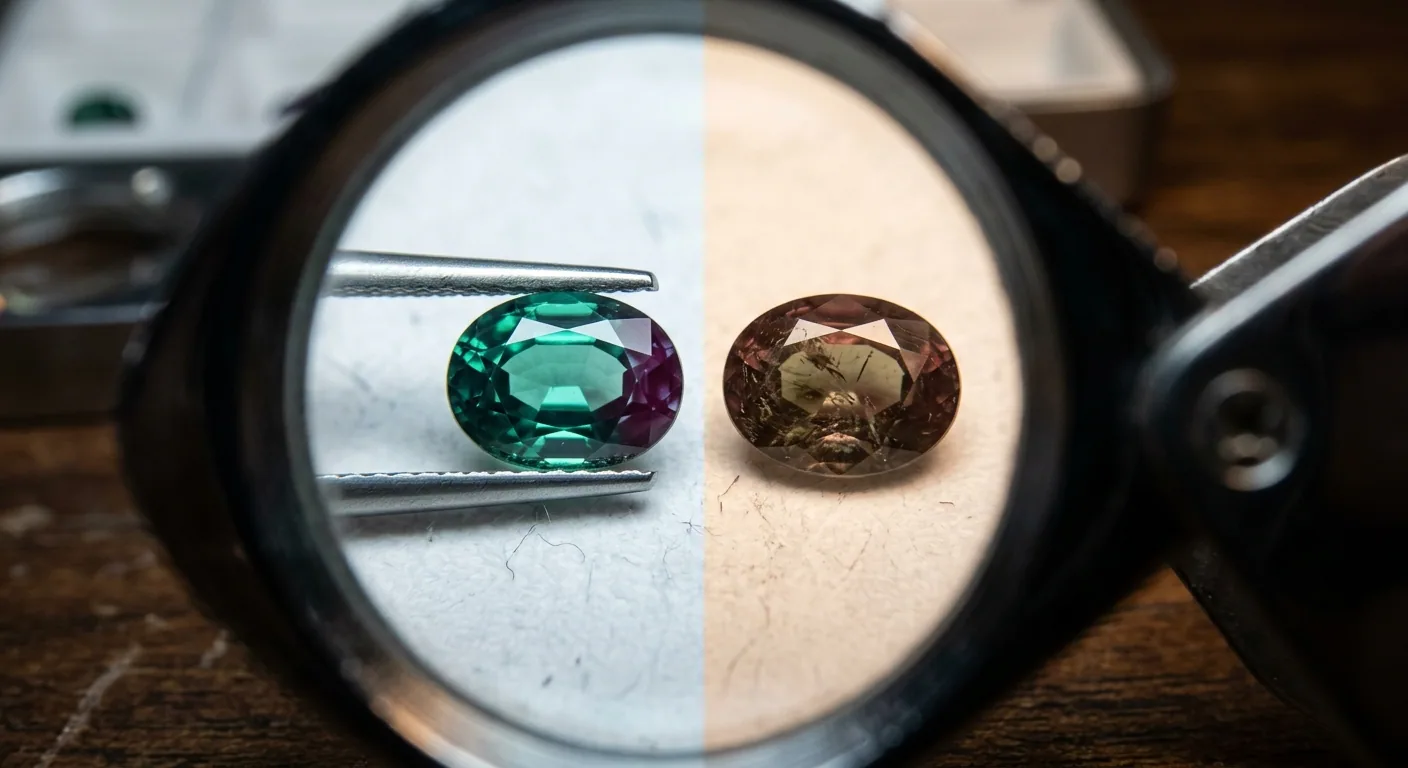 Two oval stones seen through a loupe: the left one splits cleanly into bluish green and purplish red, the right one shows only a muddy brownish yellow with almost no colour change