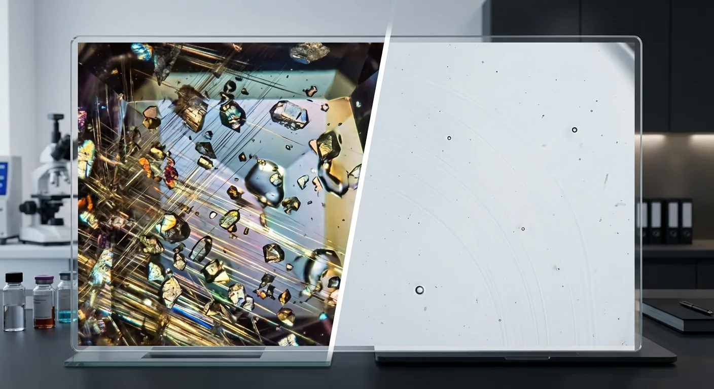 Magnified comparison of natural alexandrite, dense with angular crystals and needle-like inclusions, next to a near-flawless lab-grown alexandrite showing only faint curved growth lines and a few gas bubbles