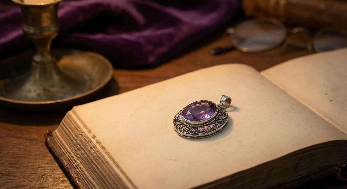 قلادة جمشت بأسلوب عتيق موضوعة على كتاب قديم، ترمز للمعنى الروحي للجمشت وتاريخه الملكي.