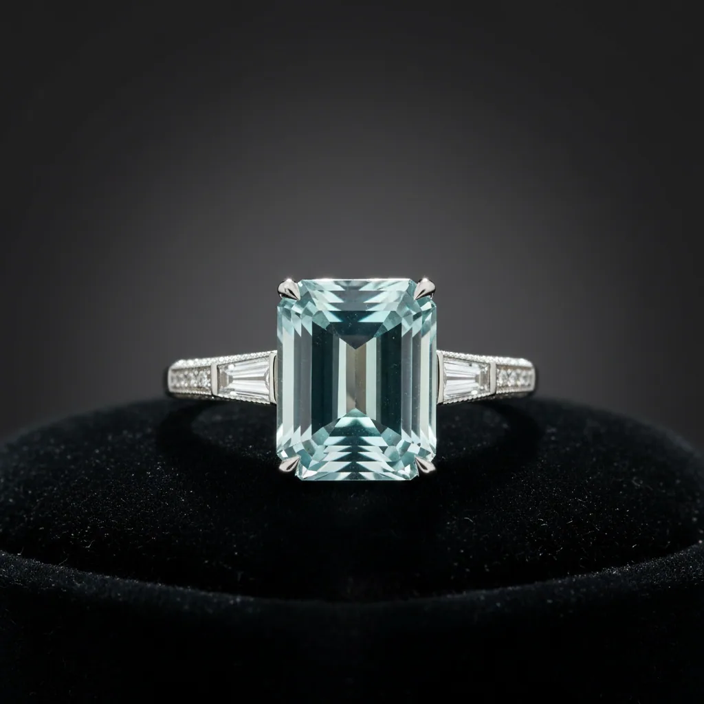 Loose emerald cut aquamarine beside a finished aquamarine ring emerald cut in white gold