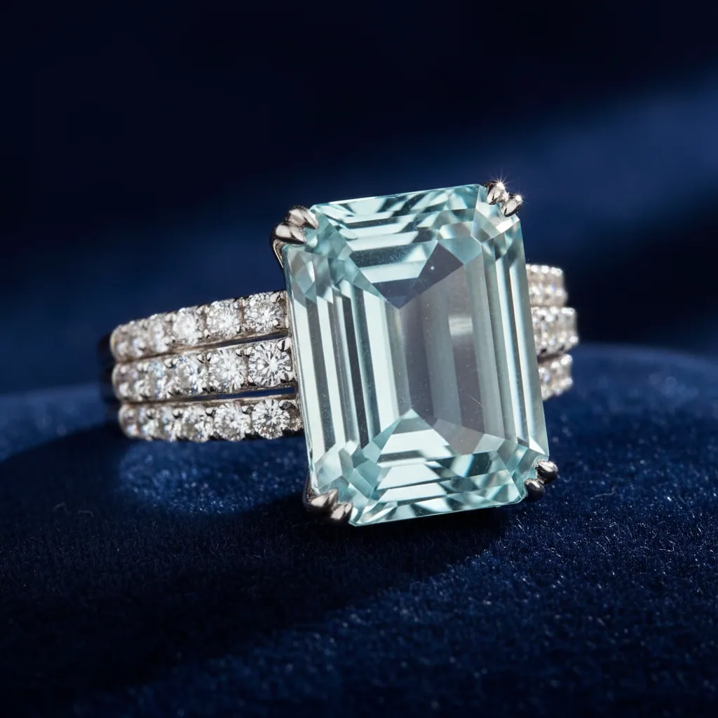 Emerald cut aquamarine tilted under light to reveal whether the center shows a window