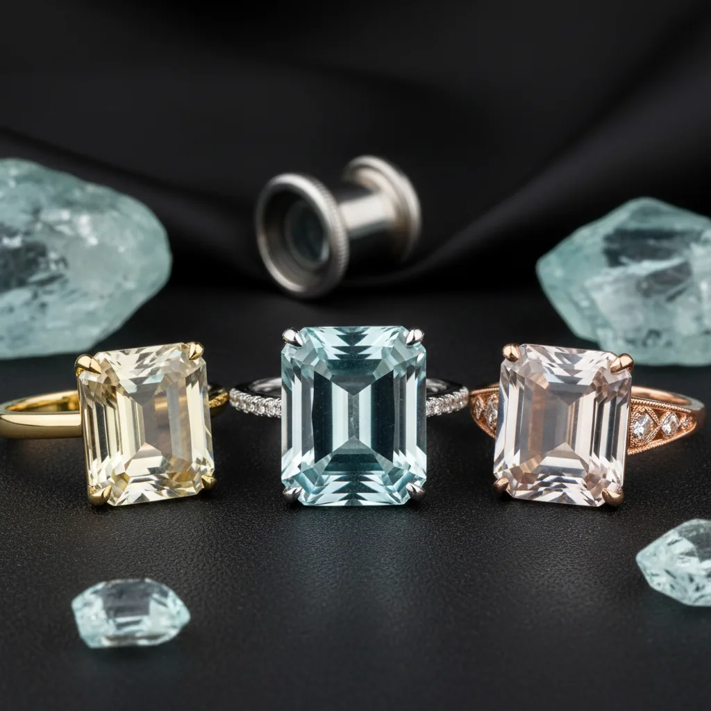 Emerald cut aquamarine ring in white gold next to a rose gold version showing how metal changes the blue