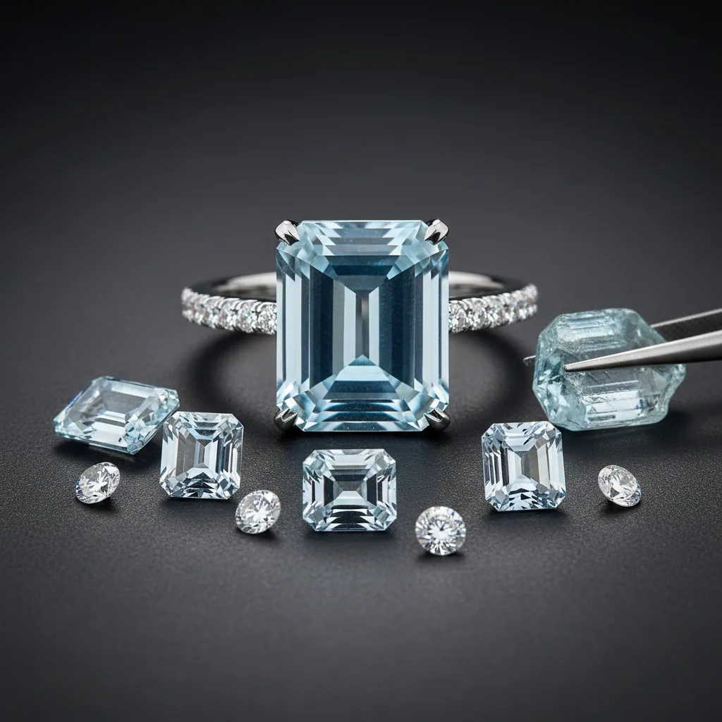 Selection of emerald cut aquamarine rings across quality and price ranges