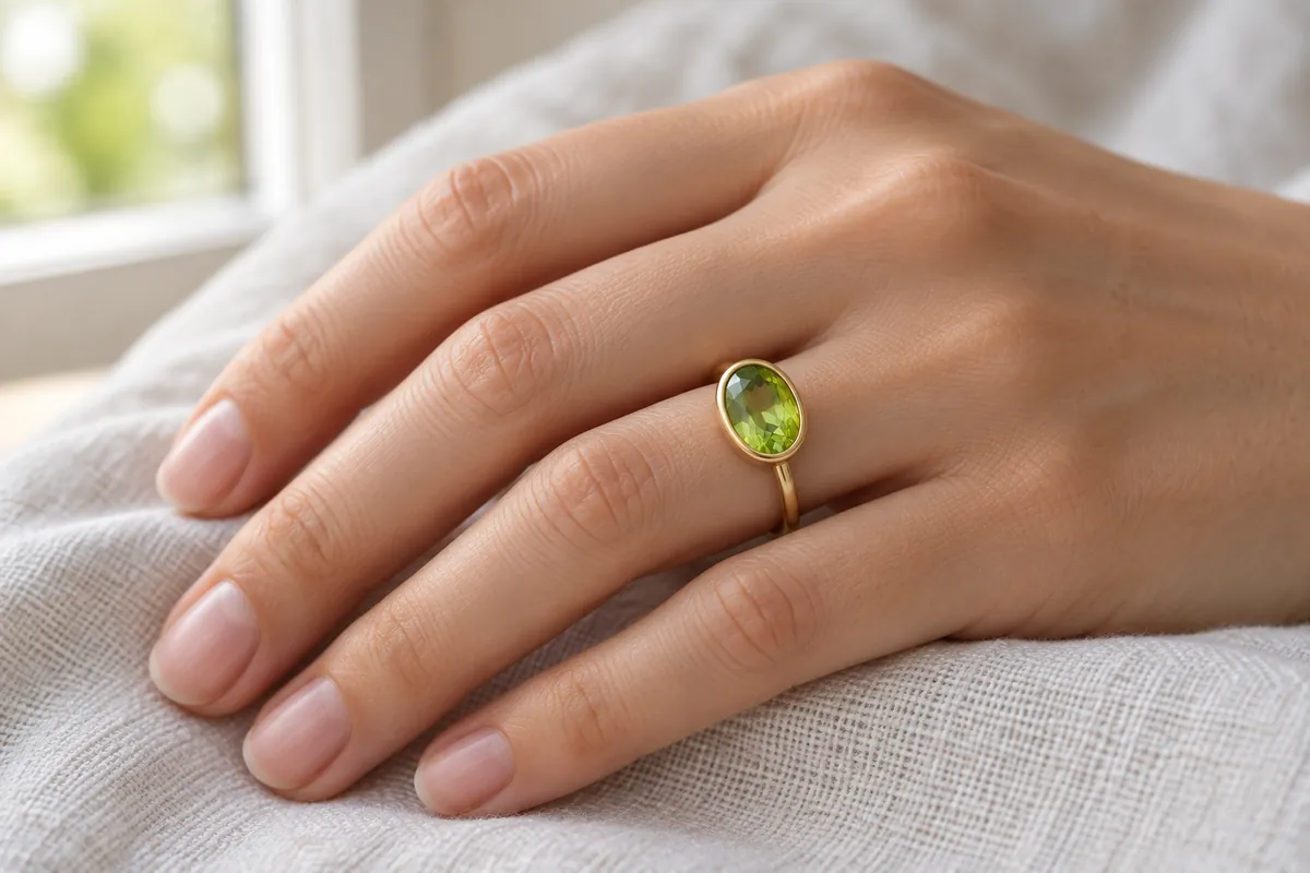 Illustration: a hand wearing a thin yellow-gold ring with an oval peridot in a full bezel that covers the edge of the stone