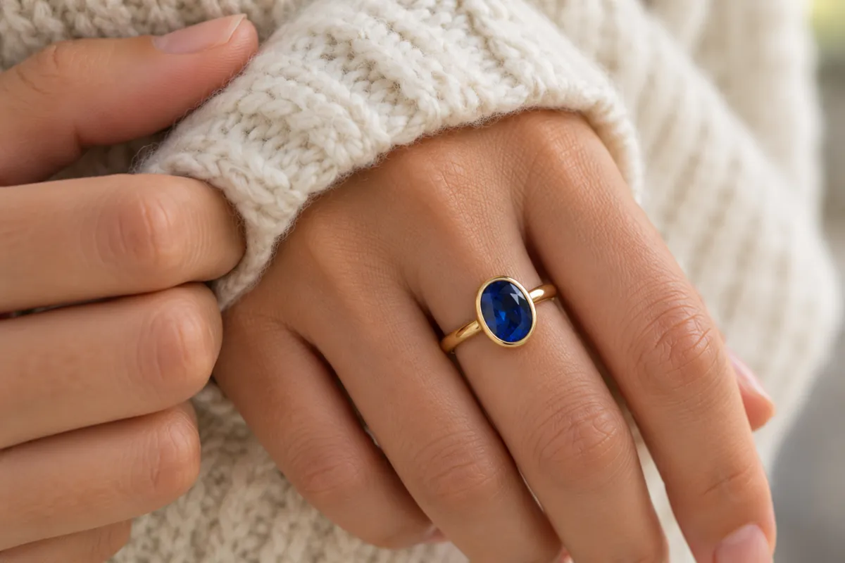 Illustration : une main tire le poignet d'un pull en laine crème sur l'autre poignet, qui porte une bague en serti clos avec un saphir bleu ovale.
