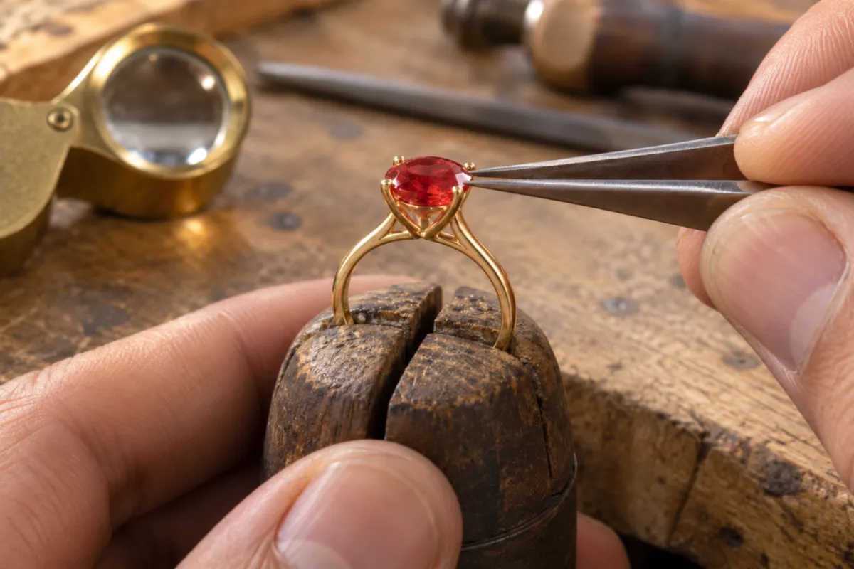 Illustration : une main approche une pince d'une griffe d'une bague en rubis tenue dans un étau à bague en bois, une loupe sur l'établi.