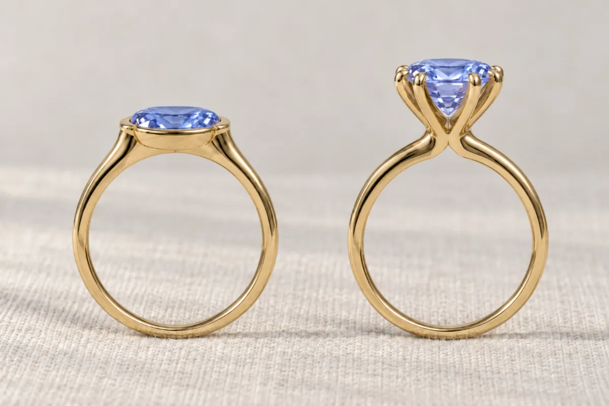 Illustration : deux bagues en saphir bleu vues de côté, un serti clos bas à côté d'un serti haut à six griffes.