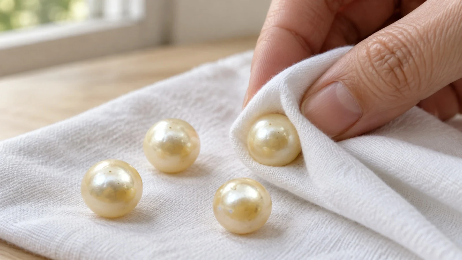 Une main qui essuie des perles en vrac avec un chiffon blanc doux