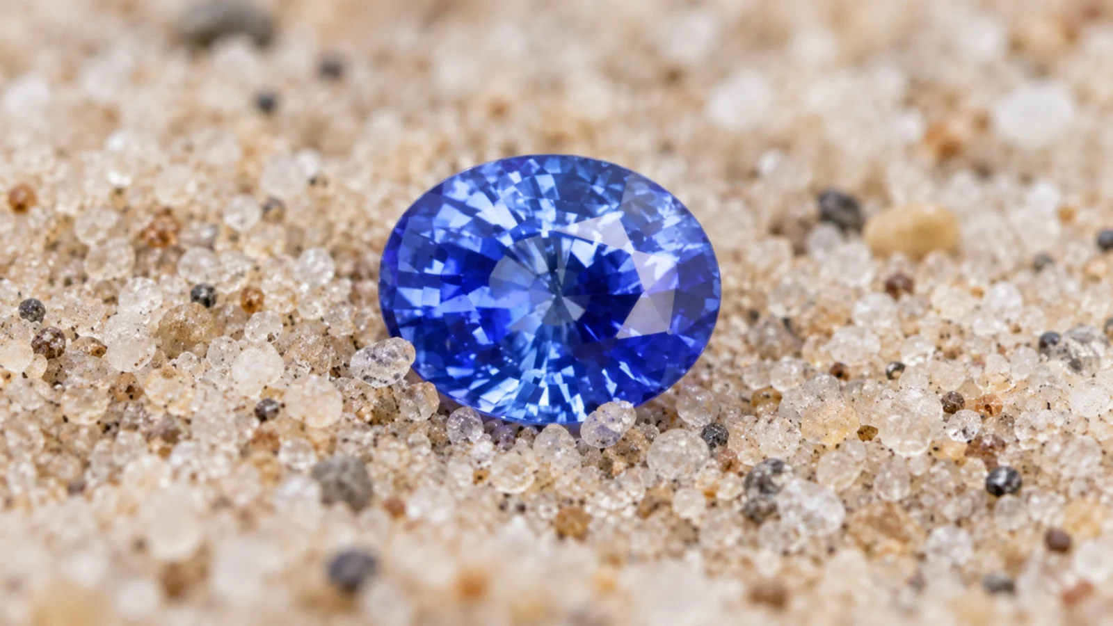 A loose blue oval sapphire resting on fine pale sand