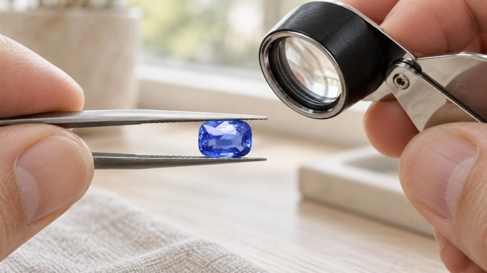 Hands holding a jeweller's loupe beside a blue cushion sapphire gripped in tweezers