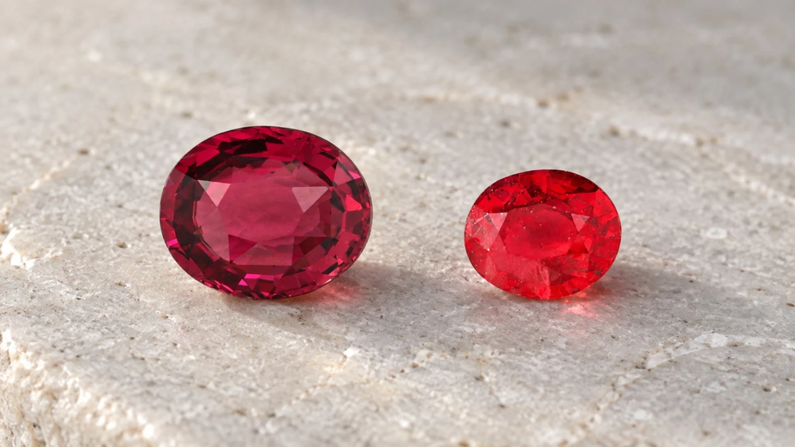 A red oval spinel and a red oval ruby side by side on a pale stone slab