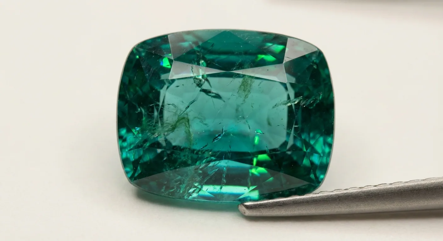 A large cushion-cut green beryl under raking light, its internal fissures and jardin clearly visible