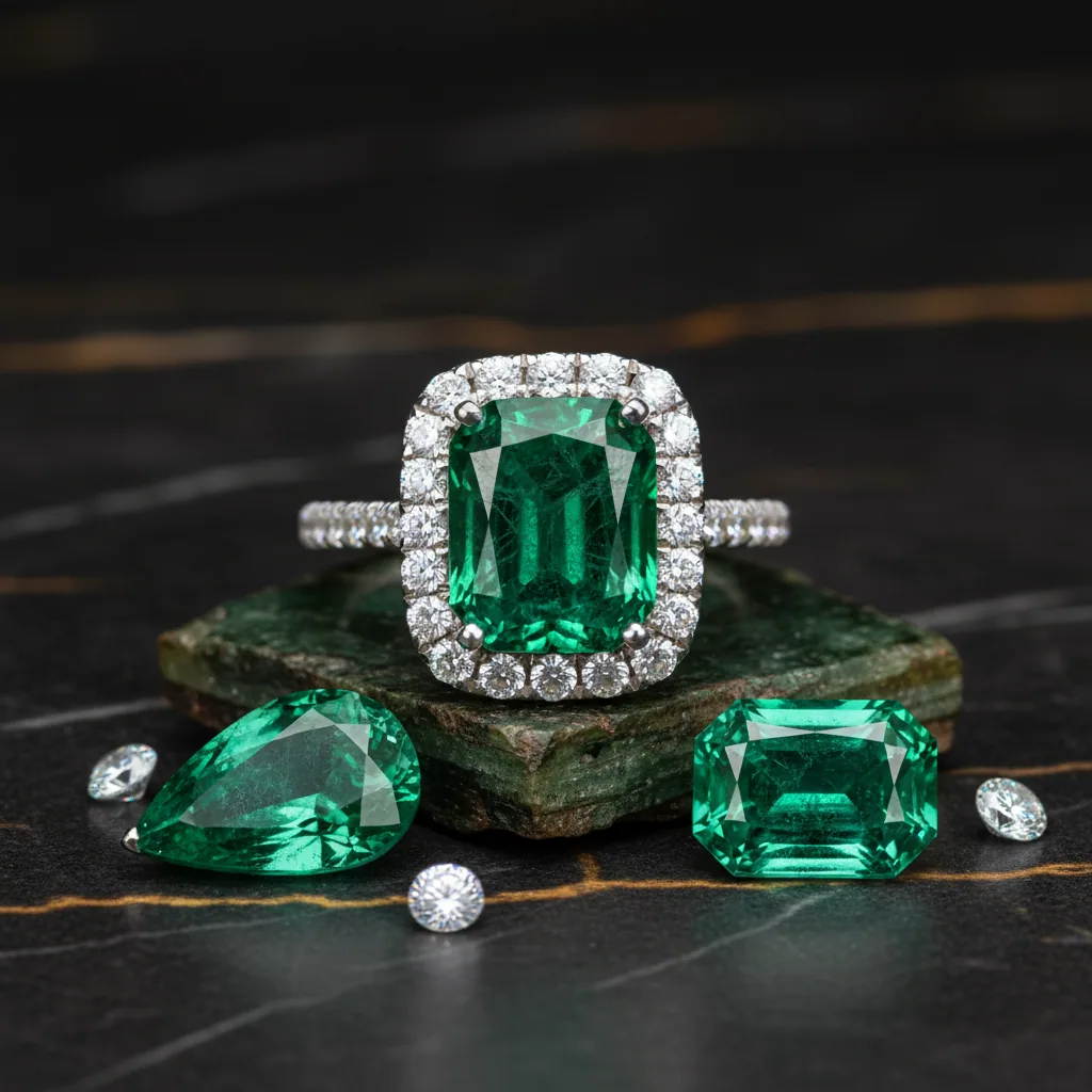 Loose pear and emerald-cut emeralds showing internal fractures beside a halo emerald ring, resting on a slab of green rough