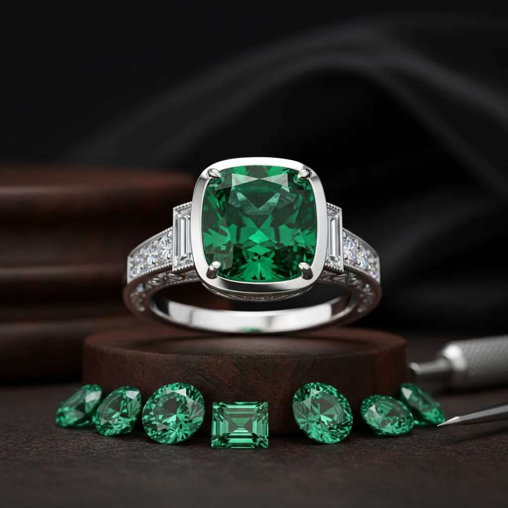 Cushion-cut emerald ring with baguette shoulders on a wooden block, a row of loose emeralds in different cuts laid out below