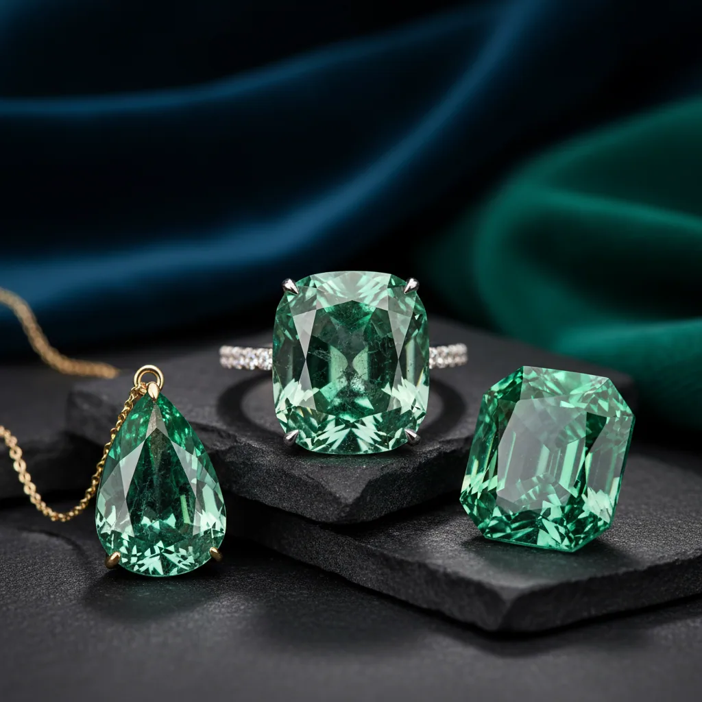 Pear emerald pendant, a prong-set cushion emerald ring and a loose emerald-cut emerald arranged on black slate