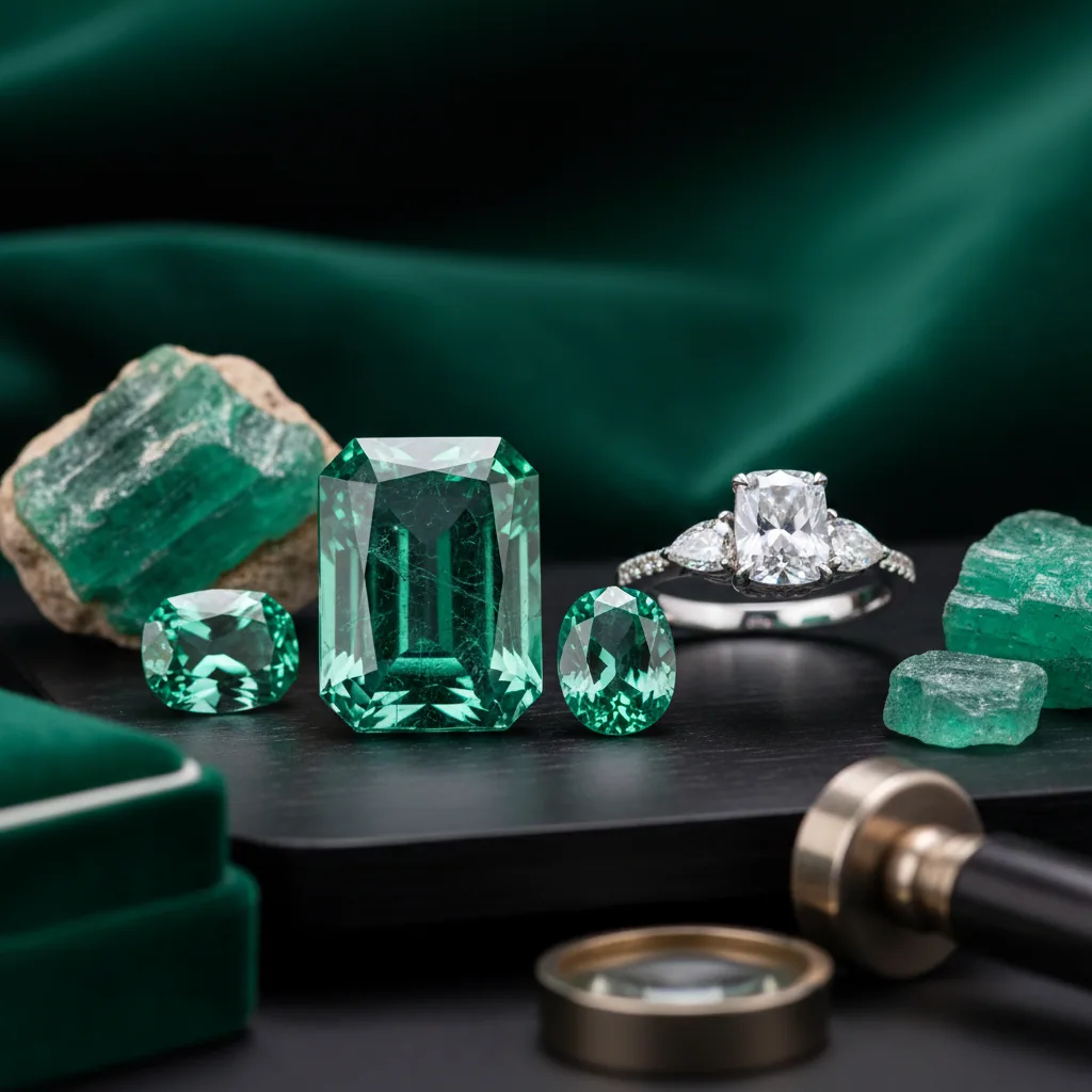 Rough emerald crystals still in their host rock beside faceted emeralds, a jeweller's loupe and a diamond three-stone ring