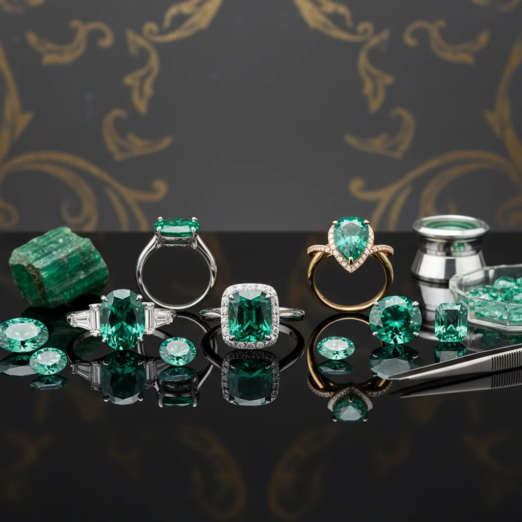Several emerald rings and loose emeralds reflected on a black glass bench with tweezers and a rough emerald crystal