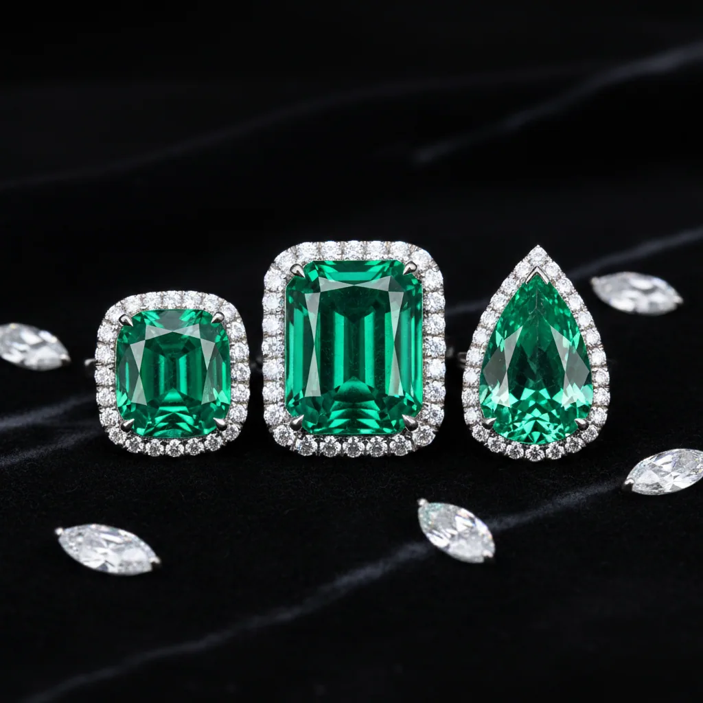 Three halo emerald rings in cushion, emerald and pear cuts on black velvet, surrounded by loose marquise diamonds