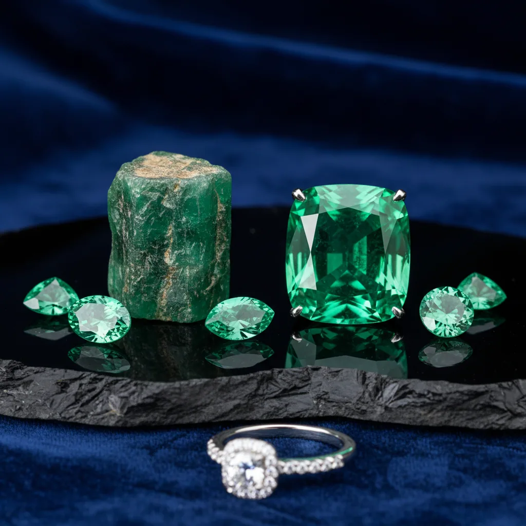 Rough emerald crystal standing beside a large faceted cushion emerald and smaller loose emeralds on blue velvet