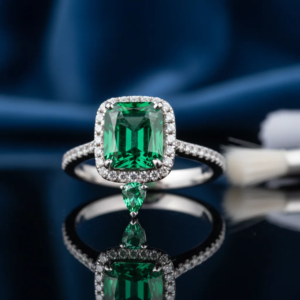 Emerald-cut emerald halo ring with a pear emerald accent, photographed next to a soft cleaning brush