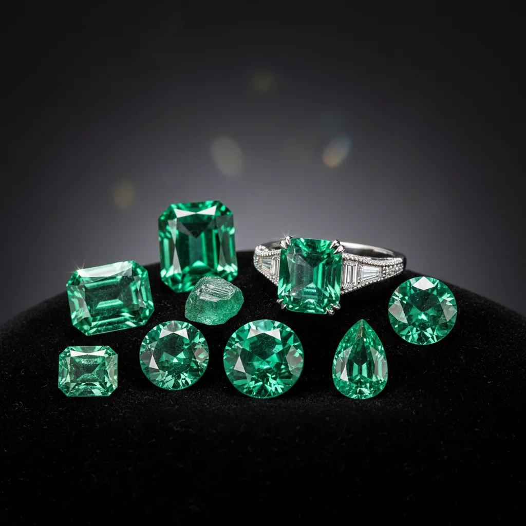 Spread of loose emeralds in emerald, round and pear cuts around a single rough emerald nodule and a set ring, on black velvet