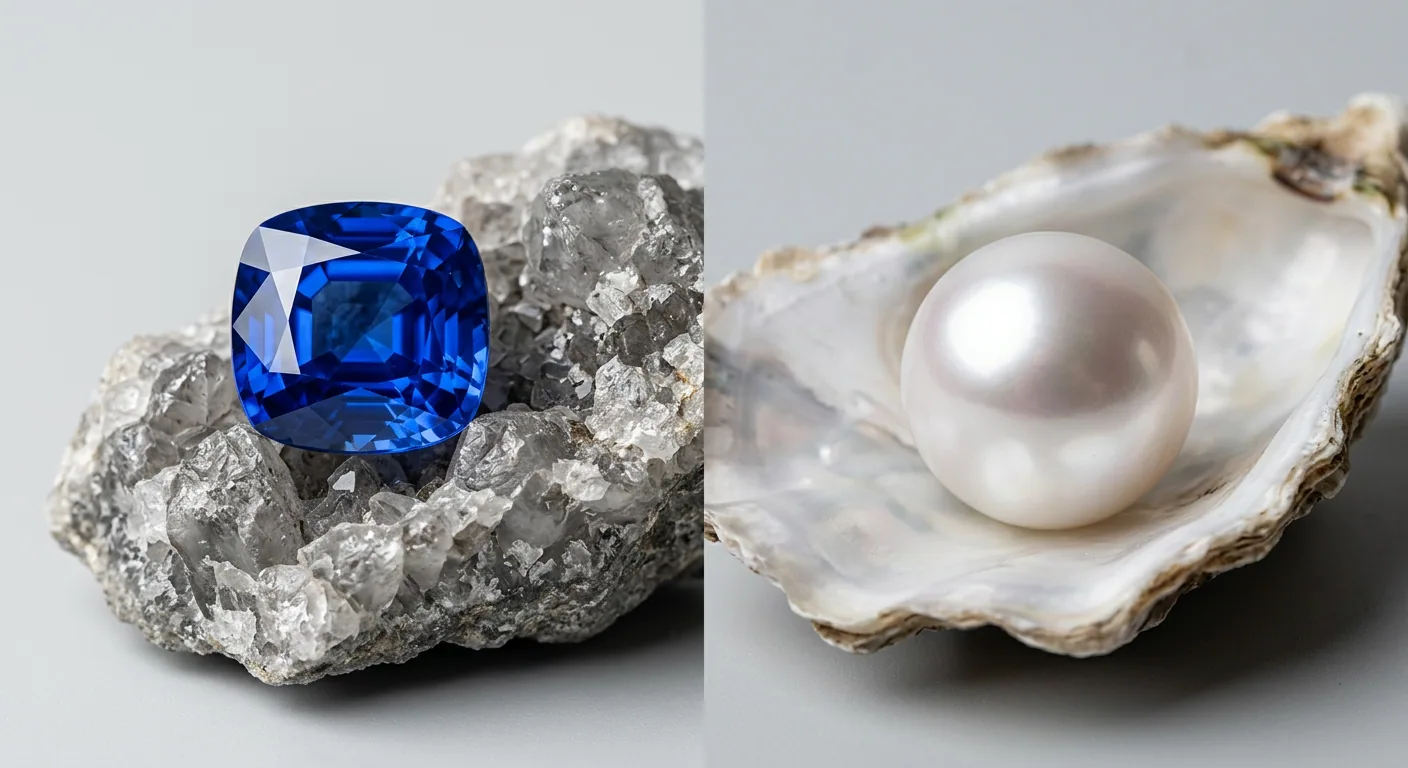 A comparison shot featuring a faceted blue sapphire (mineral gemstone) alongside a lustrous South Sea pearl (organic gemstone).
