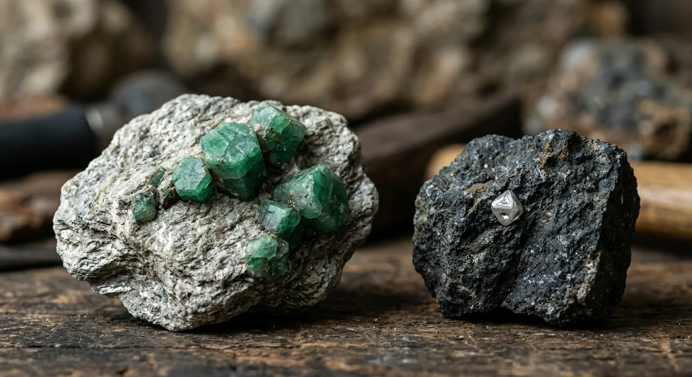 Raw, uncut gemstone crystals embedded in host rock, illustrating natural gemstone formation processes.