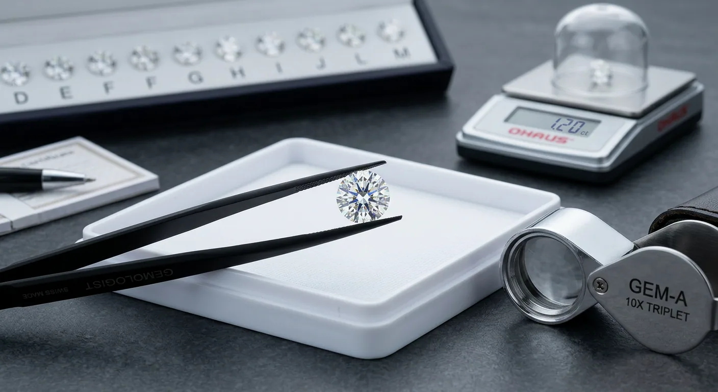 A professional gemologist's setup with a loupe, tweezers, and a high-quality diamond, illustrating the 4 Cs of gemstone evaluation.