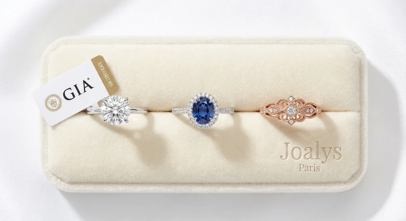 Coloured sapphires set in gold, shown to illustrate how a stone sits once it is mounted