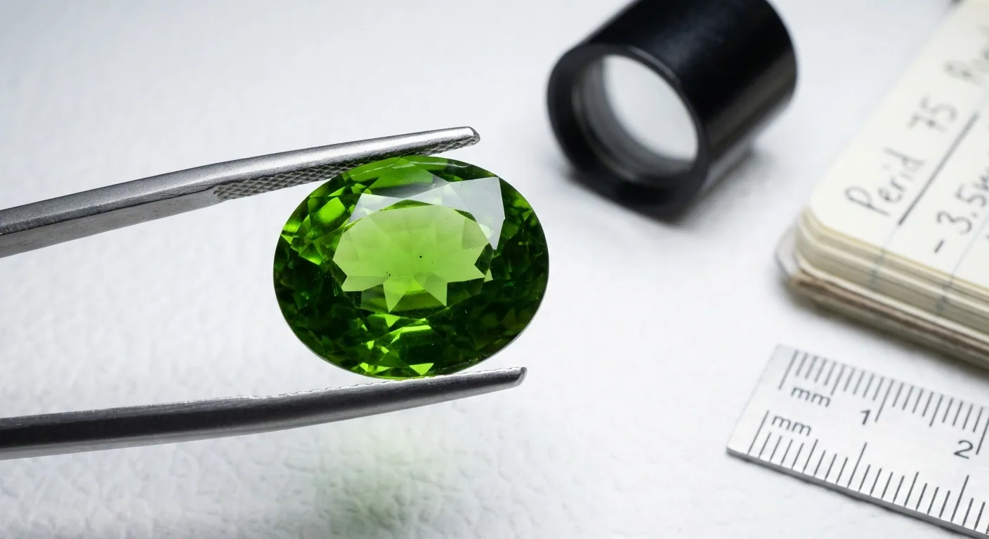A gemologist's view of a high-quality peridot, showing its exceptional color and eye-clean clarity, key factors in its value.