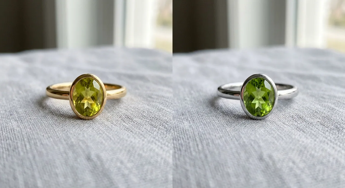 Two peridot rings, one in yellow gold and one in white gold, showcasing the best metal pairings for styling peridot jewelry.