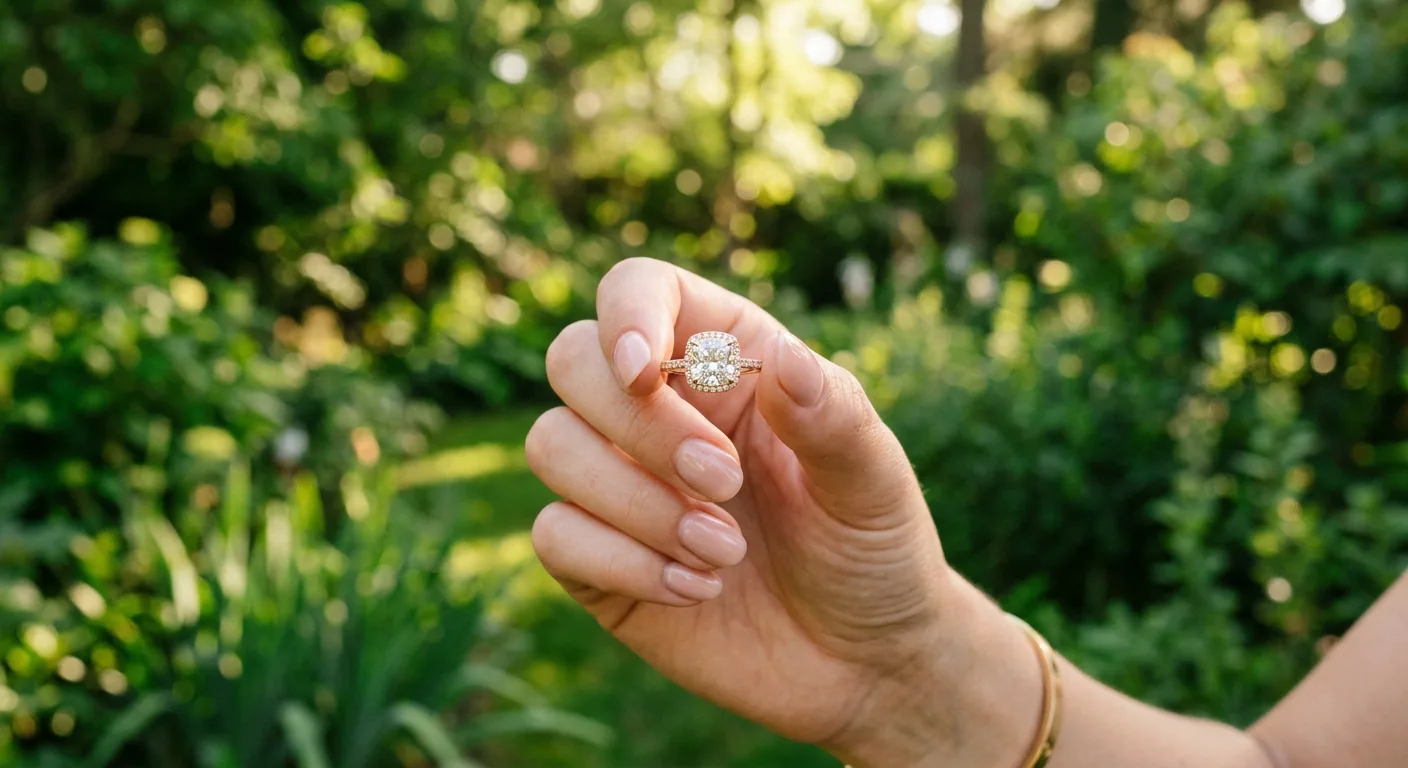 A hand holding a cushion-shaped diamond halo ring in rose gold against a sunlit garden