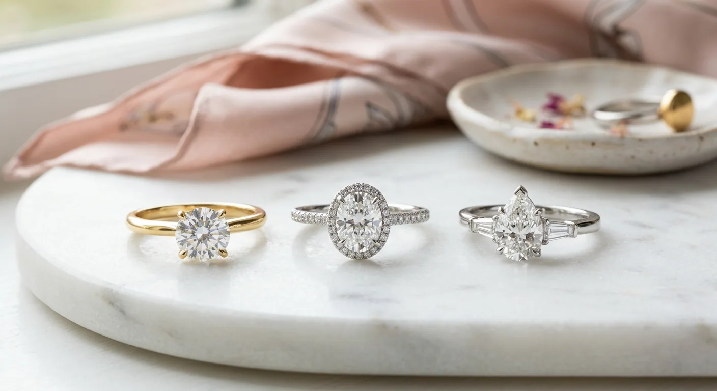 Three diamond rings on marble: a round solitaire in yellow gold, an oval halo and a pear with tapered side stones in white metal