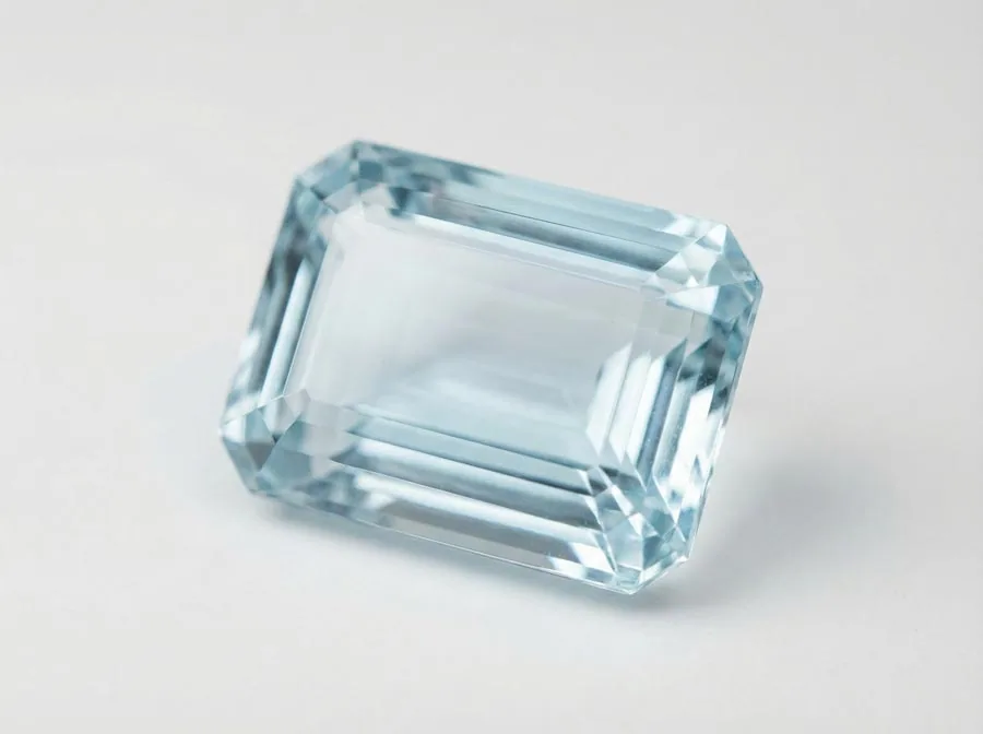 Close-up of a faceted sky-blue aquamarine, the modern March birthstone, showing its transparent beryl clarity