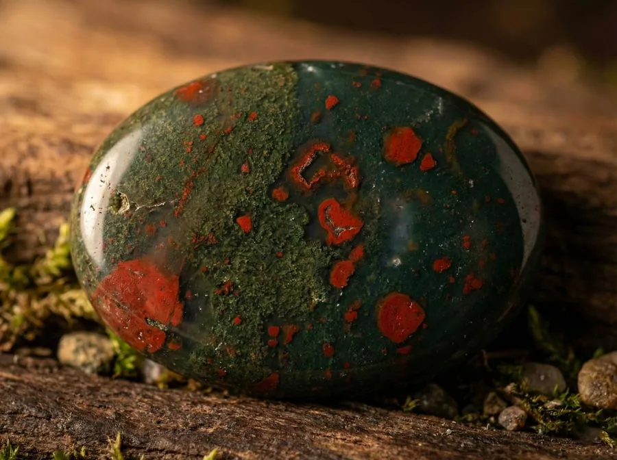 Polished bloodstone cabochon showing dark green chalcedony with scattered red iron-oxide spots, the traditional March birthstone
