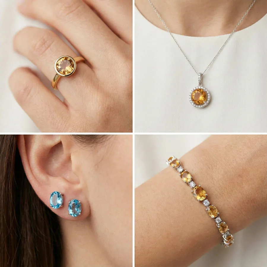 Grille 2x2 montrant bague solitaire topaze impériale, pendentif citrine avec halo, boucles d'oreilles puces topaze bleue et bracelet rivière citrine