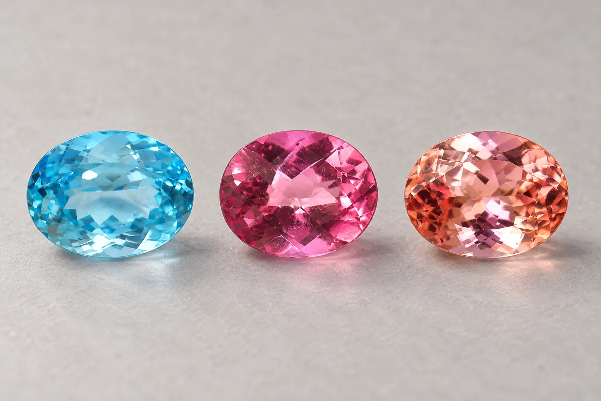 Illustration: three oval topaz in a row, one blue, one pink and one orange-pink, on a light grey surface