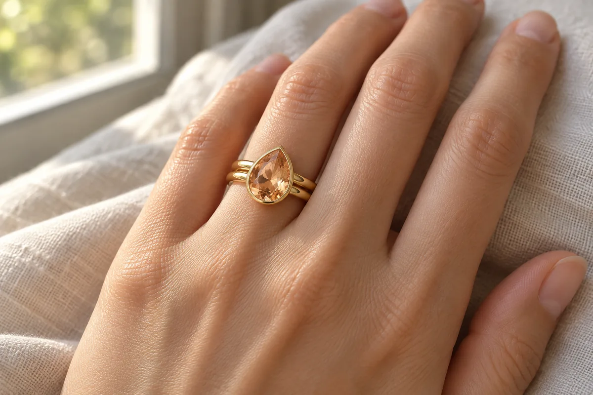 Illustration: a hand wearing a yellow-gold ring with a pear-cut golden topaz in a full bezel that covers the point of the stone