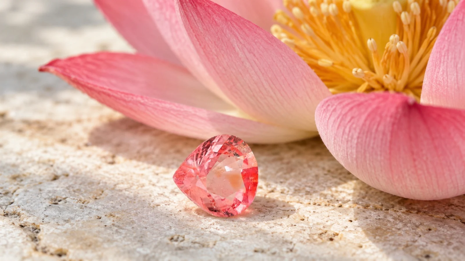 A pinkish orange pear-shaped sapphire lying next to a pink lotus flower