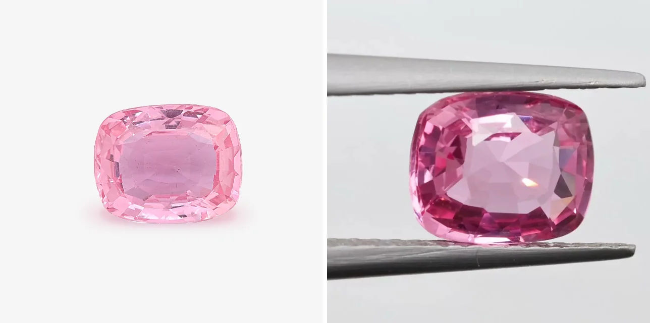 The same cushion-cut sapphire twice: light pink on a white ground, then a much stronger pink held in tweezers on a grey ground