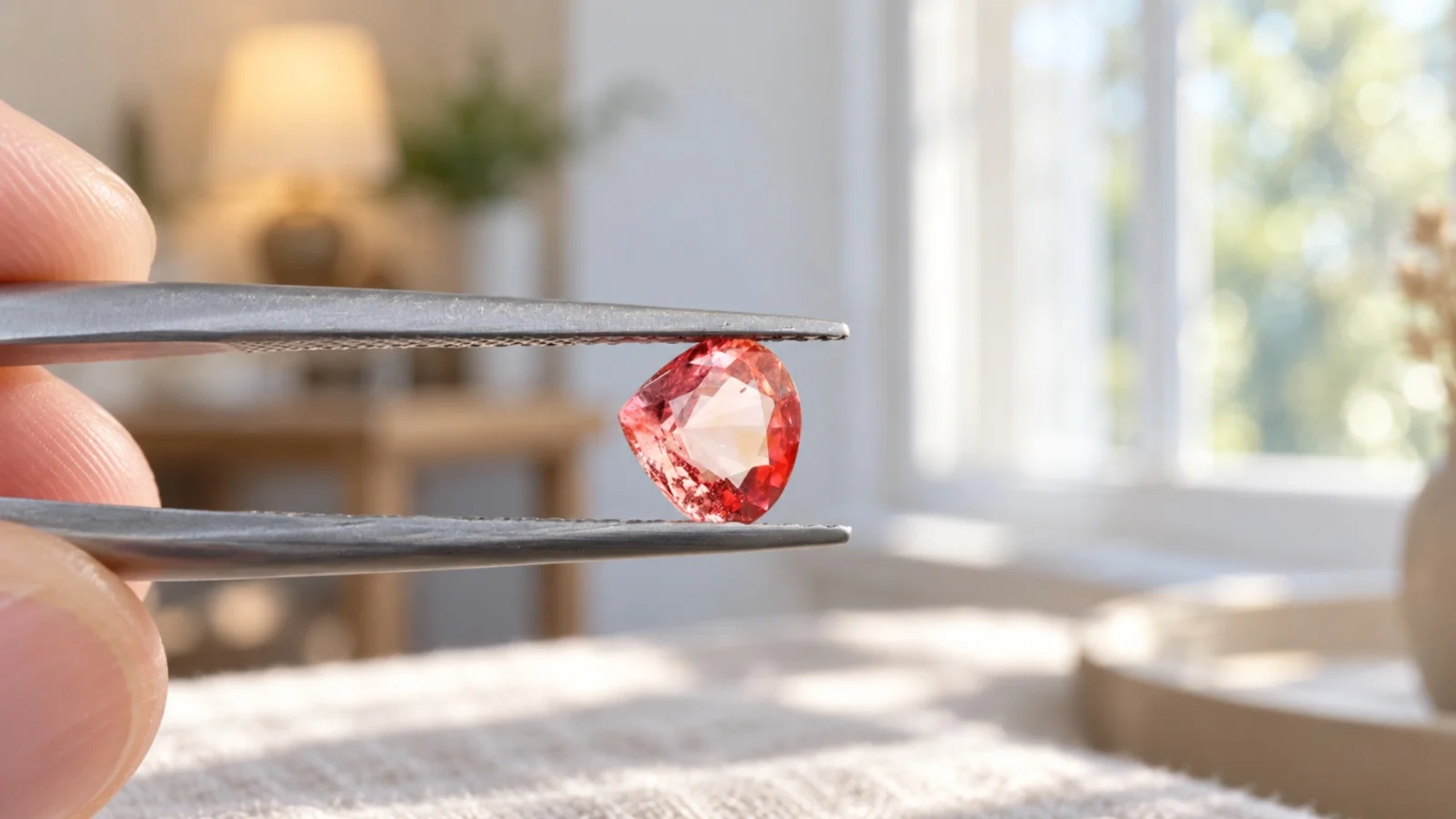 A pinkish orange pear-shaped sapphire held in tweezers near a window, a lamp blurred in the background
