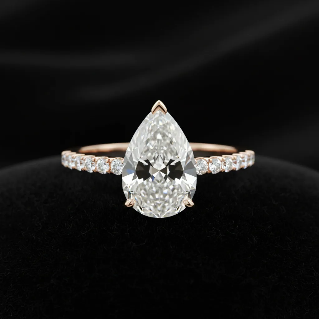A pear cut diamond in a rose gold pave band showing a faint dark bow tie band across the centre of the stone