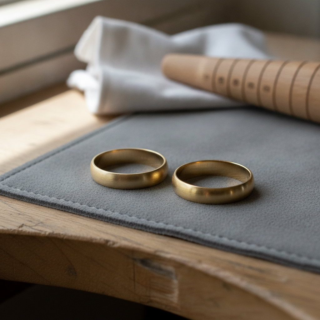 Two plain yellow gold ring bands side by side on a grey bench pad, with a wooden ring mandrel and a polishing cloth behind them
