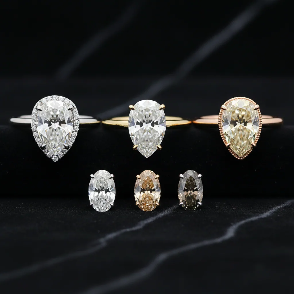 Three pear cut diamonds set in white, yellow and rose gold, showing how the metal shifts the apparent colour grade of each stone