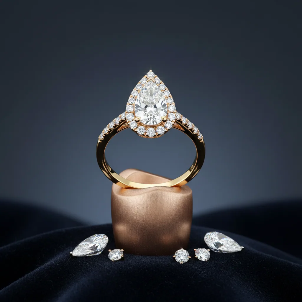 A pear cut diamond halo ring in yellow gold standing on a satin cushion, with loose pear and round diamonds in front of it