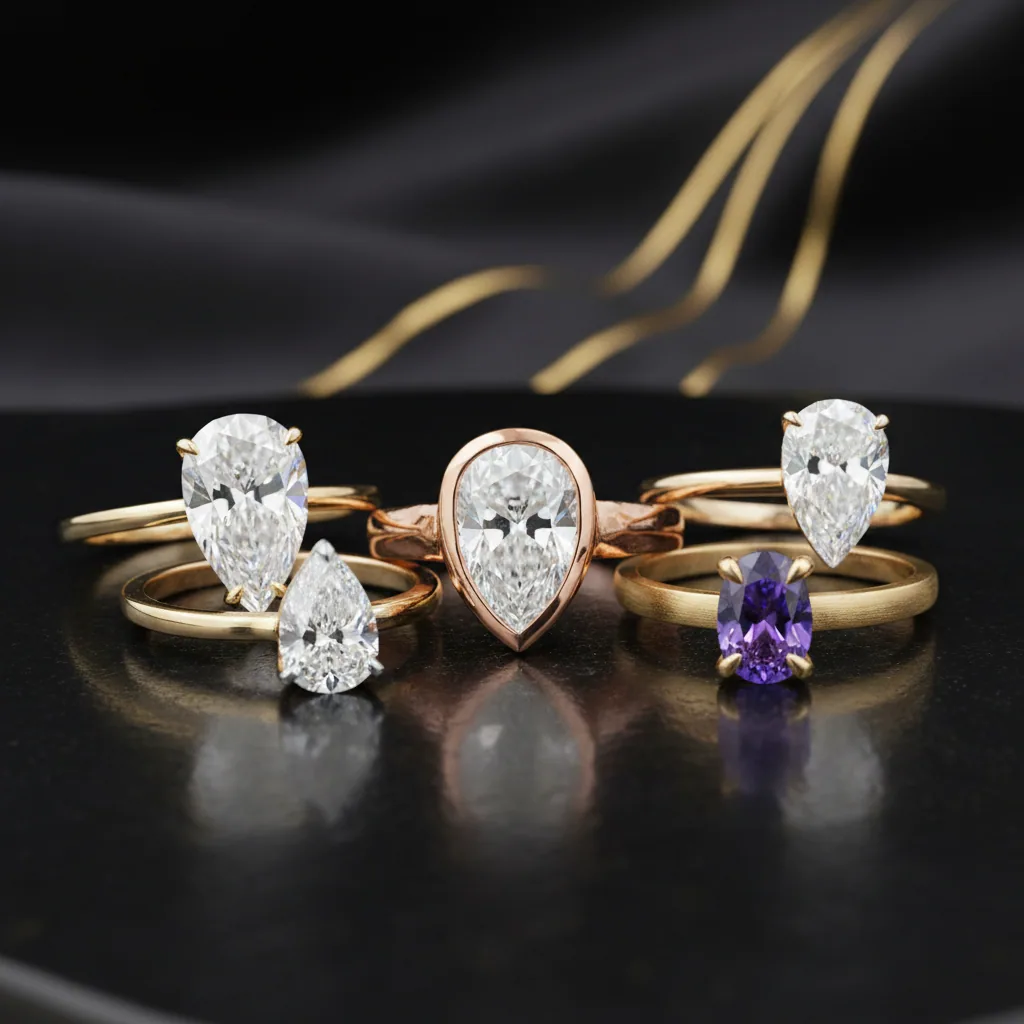 Five pear cut solitaire rings in yellow and rose gold on a dark tray, including a bezel set pear and one purple oval stone