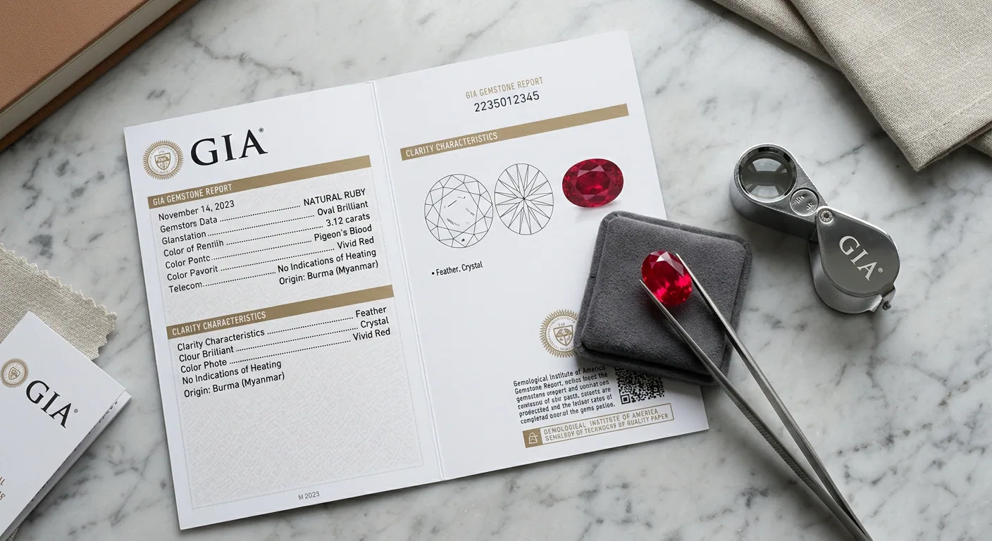 A GIA gemstone report detailing the characteristics of a precious stone gem, placed alongside a loose ruby and a jeweler's loupe.