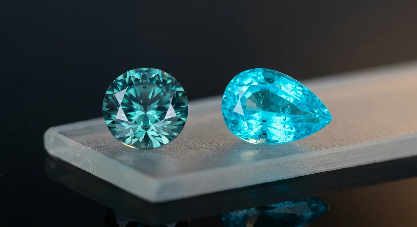A round brilliant and a pear-cut gemstone in neon blue-green, side by side on a frosted glass slab under directional light.