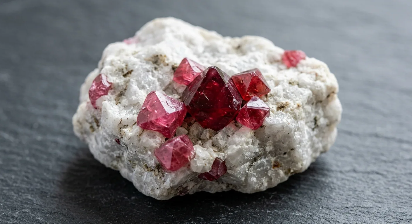 Natural octahedral red spinel crystals embedded in white marble host rock
