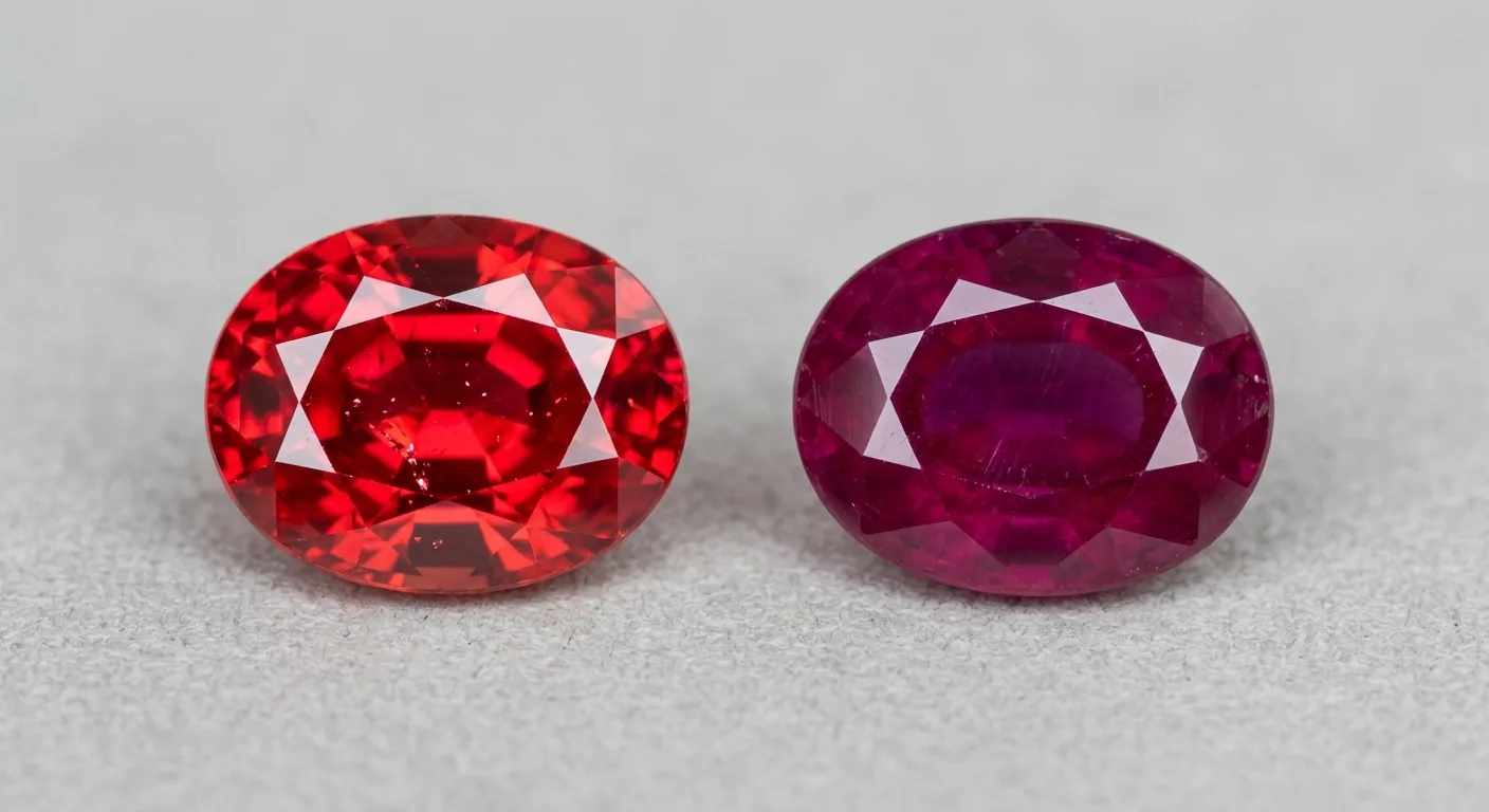 Two oval cut red gemstones side by side, one red spinel and one ruby, compared under the same light